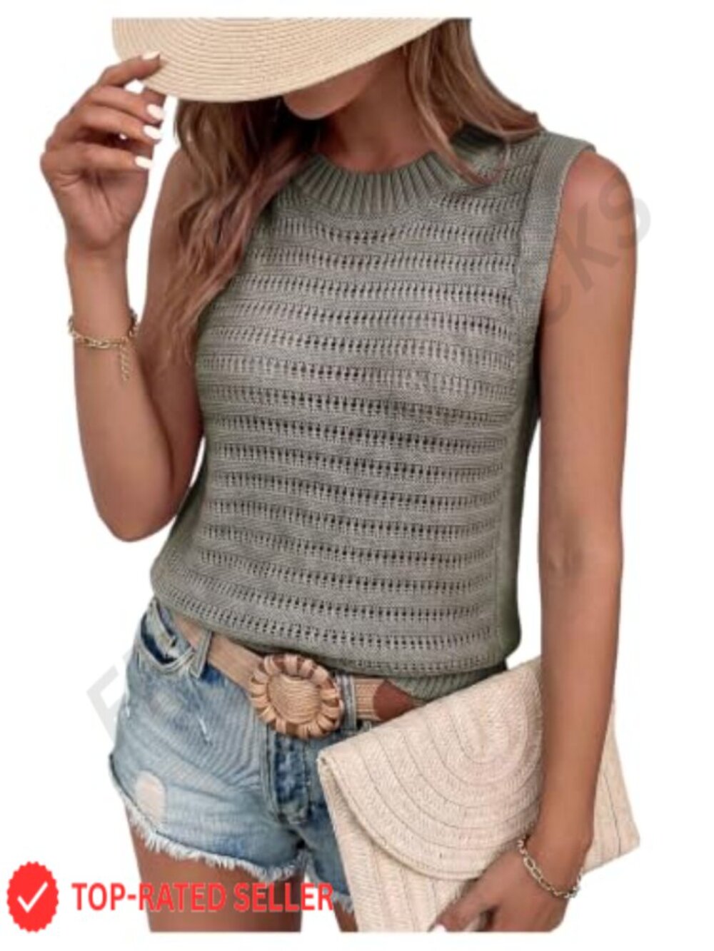 Hollow Out Knit Sleeveless Pullover Vest Tank Top Acrylic Summer Relaxed Fit